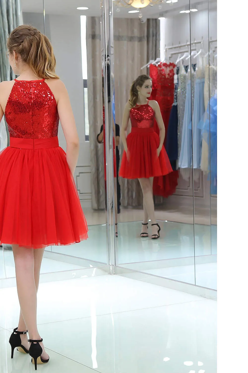 Red Sequined Tulle Strapless Homecoming Dresses