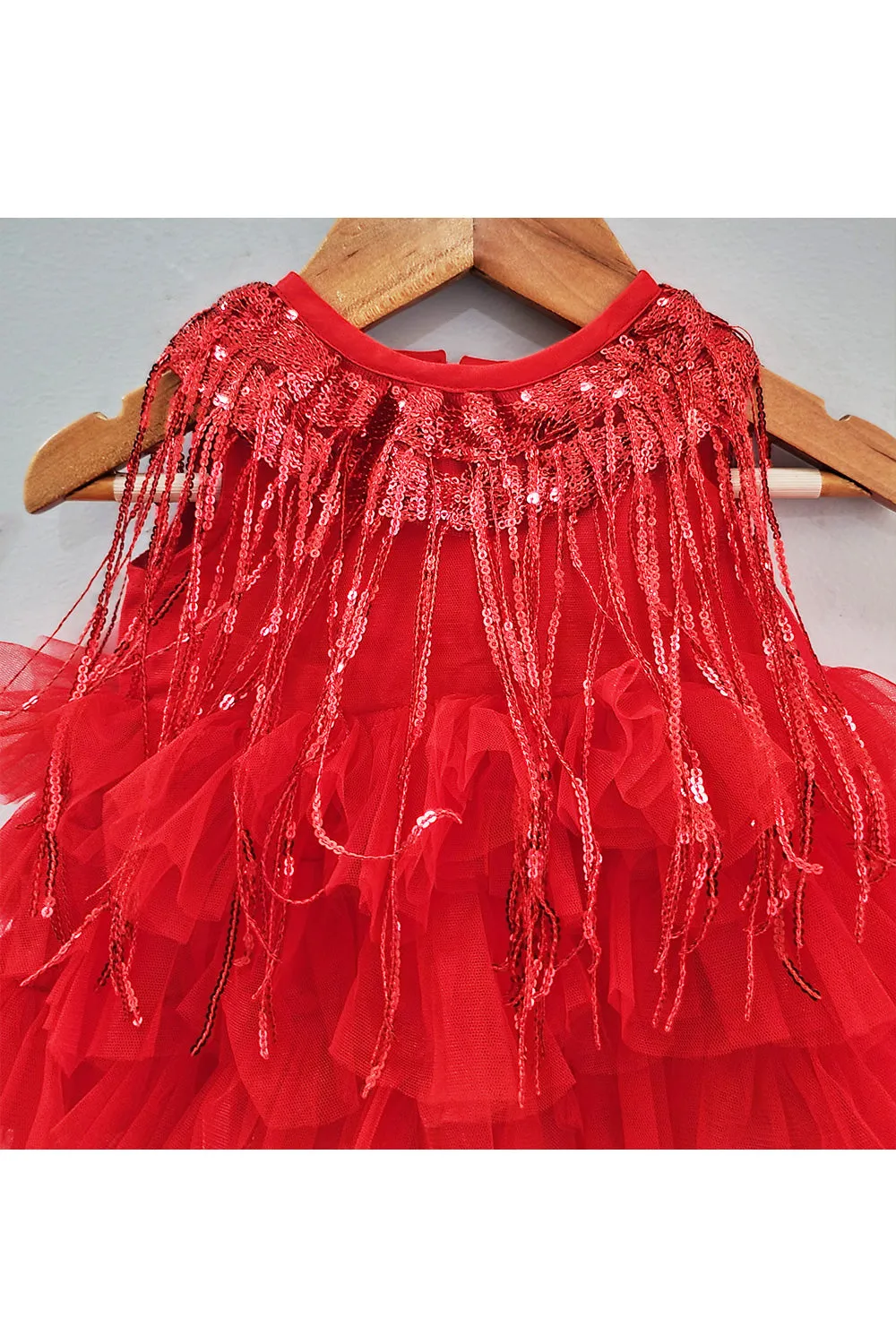 Red Sequins Embroidered Frill Dress