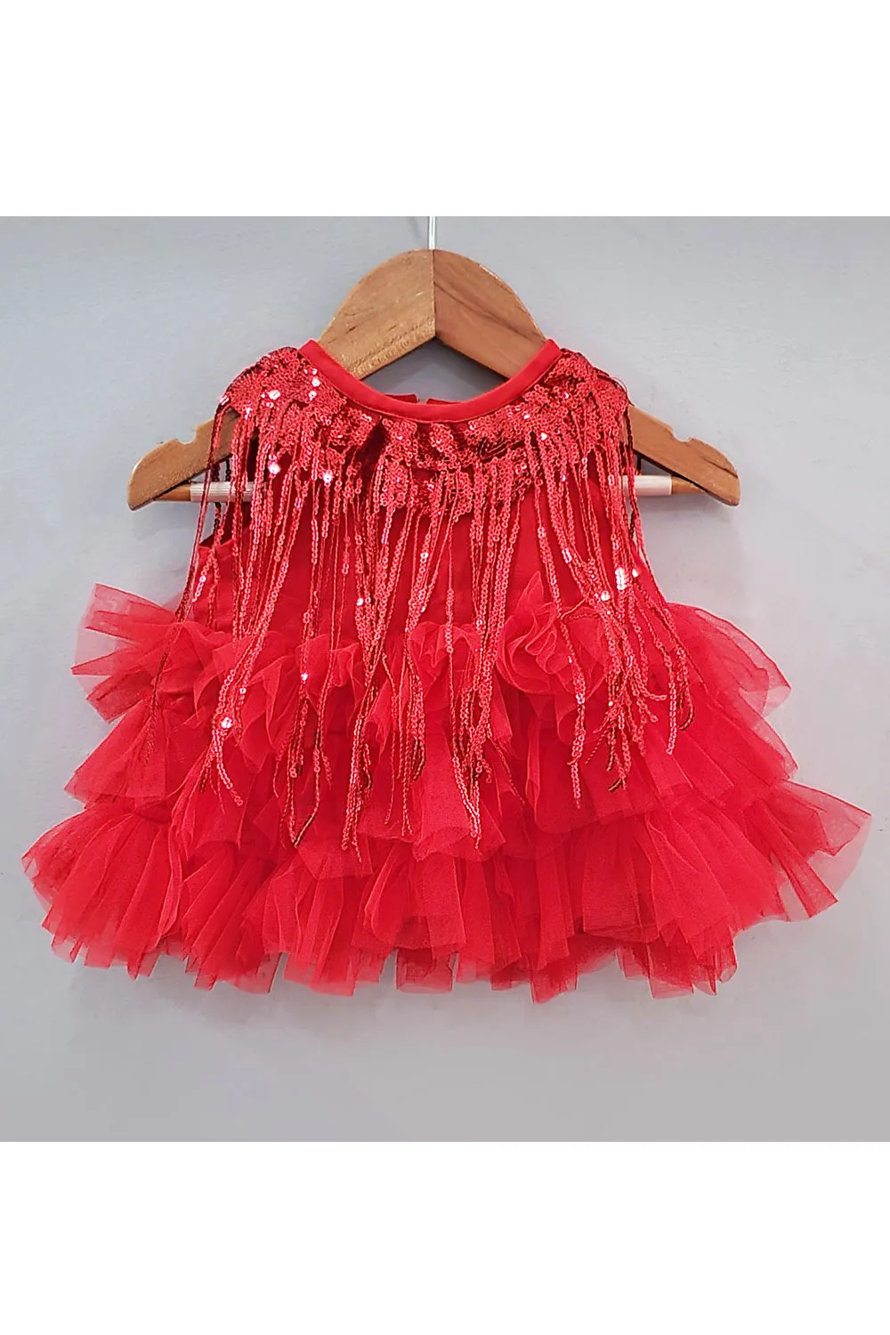 Red Sequins Embroidered Frill Dress