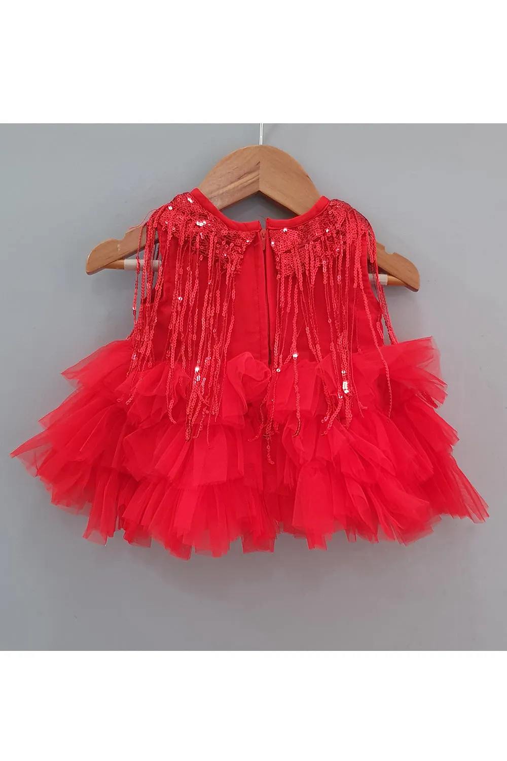 Red Sequins Embroidered Frill Dress