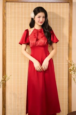 Red Short Sleeves Modern Ao Dai (with pants)