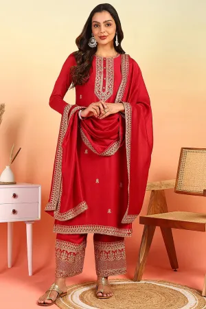 Red Silk Blend Embroidered Straight Shape Suit Set with Dupatta