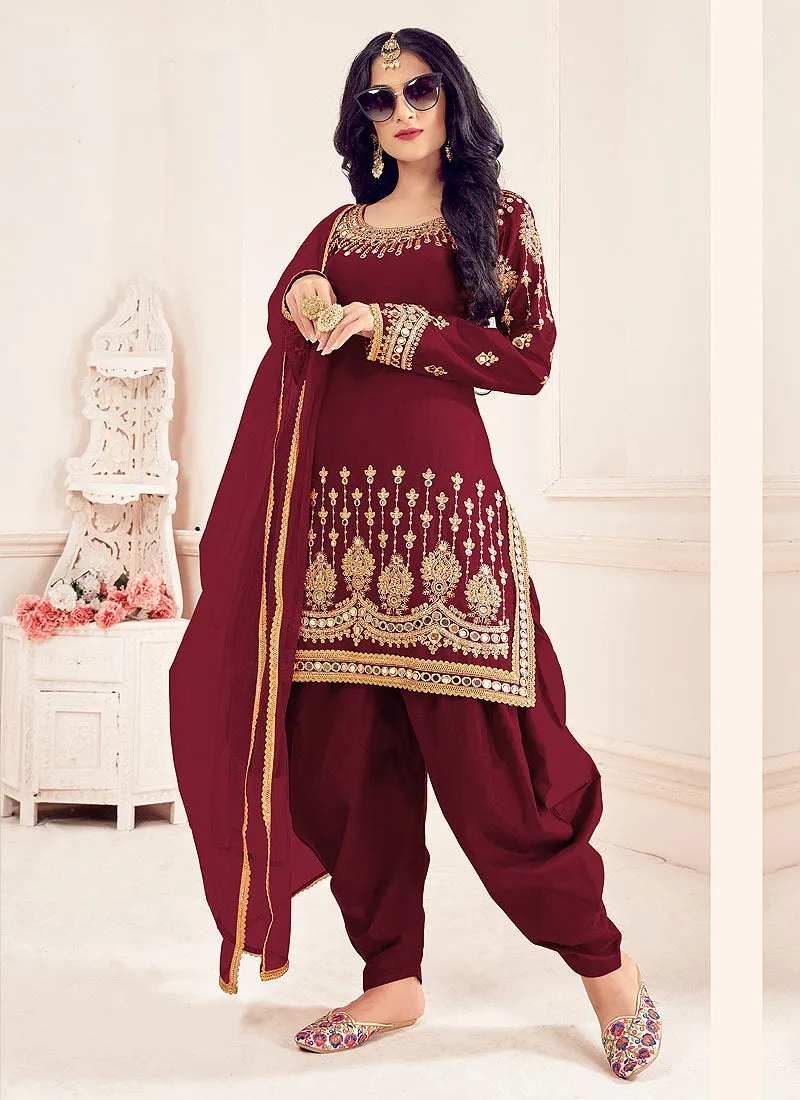 Red Silk Mirror Work Punjabi Suit