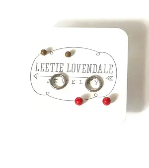 Red Silver Circles & Olive Tiny Geo Stud Earrings Set