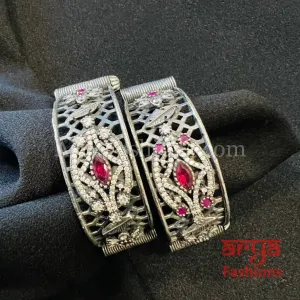 Red Silver Oxidized Silver Bangles with CZ Stones/ Size 2.4, 2.6