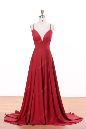 Red Spaghetti Straps Empire Imported Satin Simple A-line Prom Dress