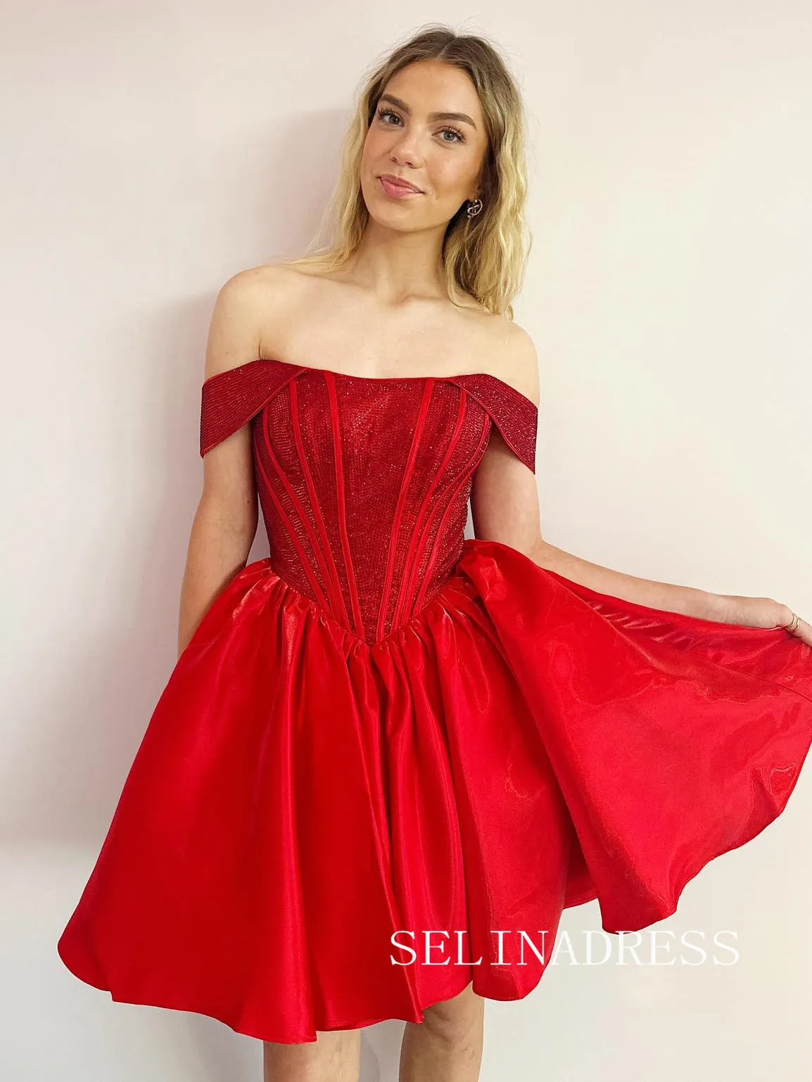 Red Sparkly Off-the-shoulder Short Homecoming Dresses Hoco Dress #TKL1909