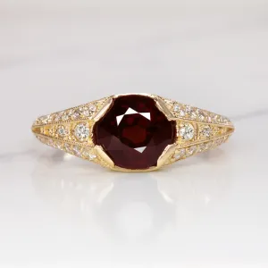 RED SPINEL DIAMOND COCKTAIL RING VINTAGE STYLE YELLOW GOLD  ROUND CUT NATURAL