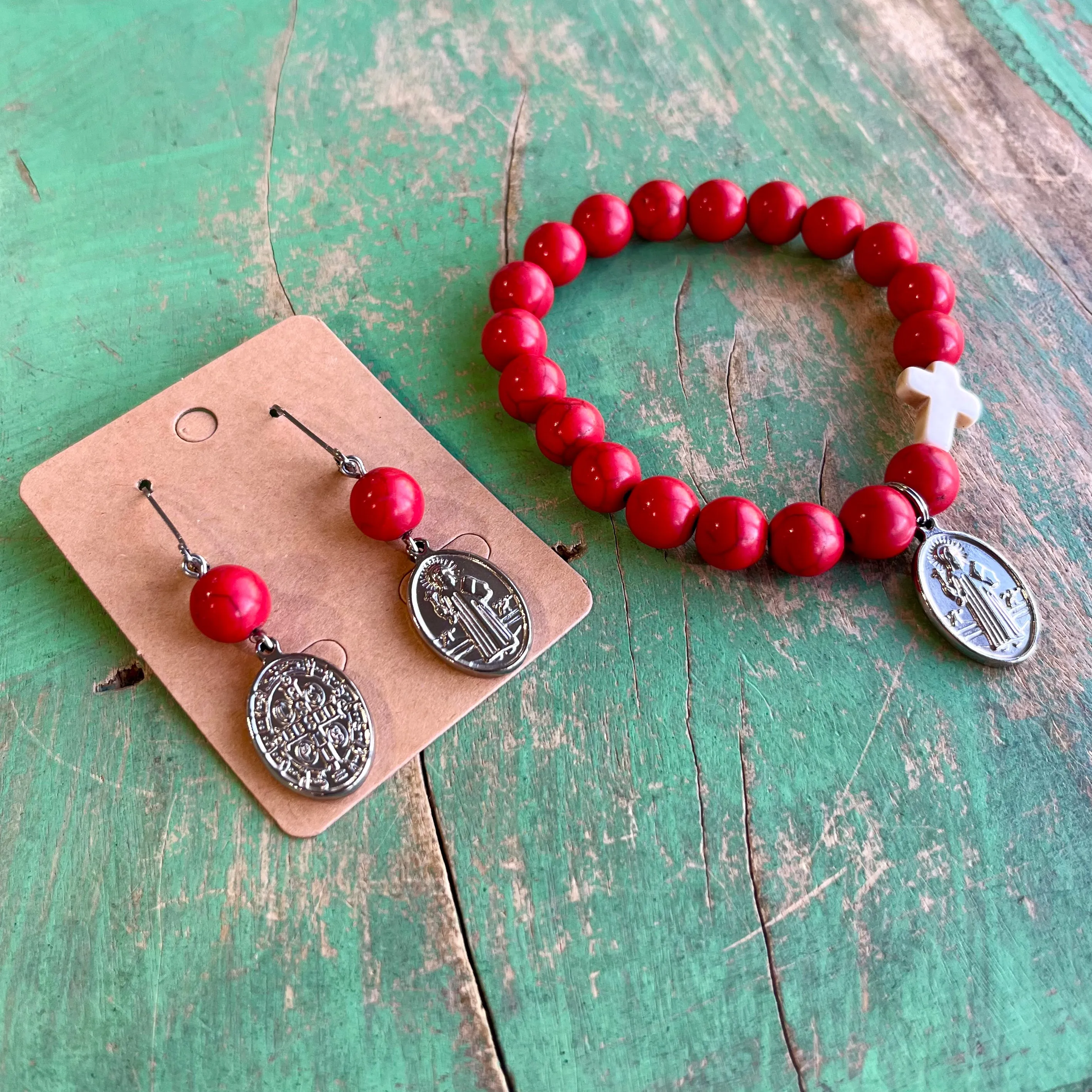 Red St Benedict Bracelet and Earrings