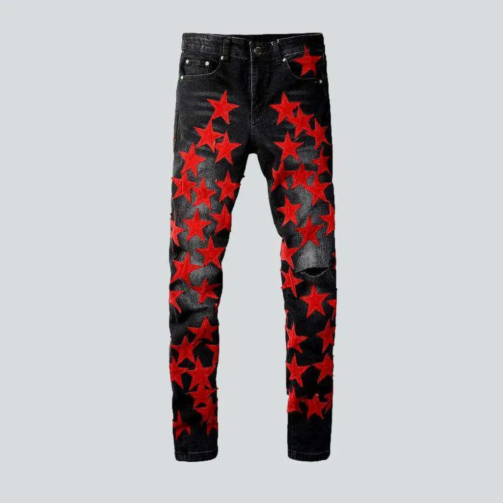 Red stars embroidery men's jeans