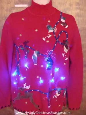 Red Stocking Clothesline Tacky Xmas Sweater with Lights