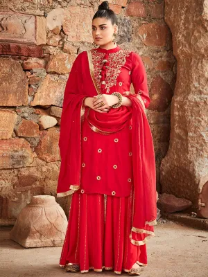 Red Straight Embroidery Silk Kurta With Sharara And Organza Dupatta