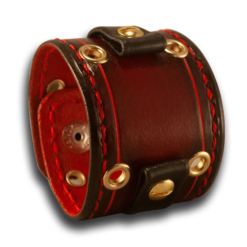 Red Stressed Leather Cuff Watch Band with Eyelets and Snaps