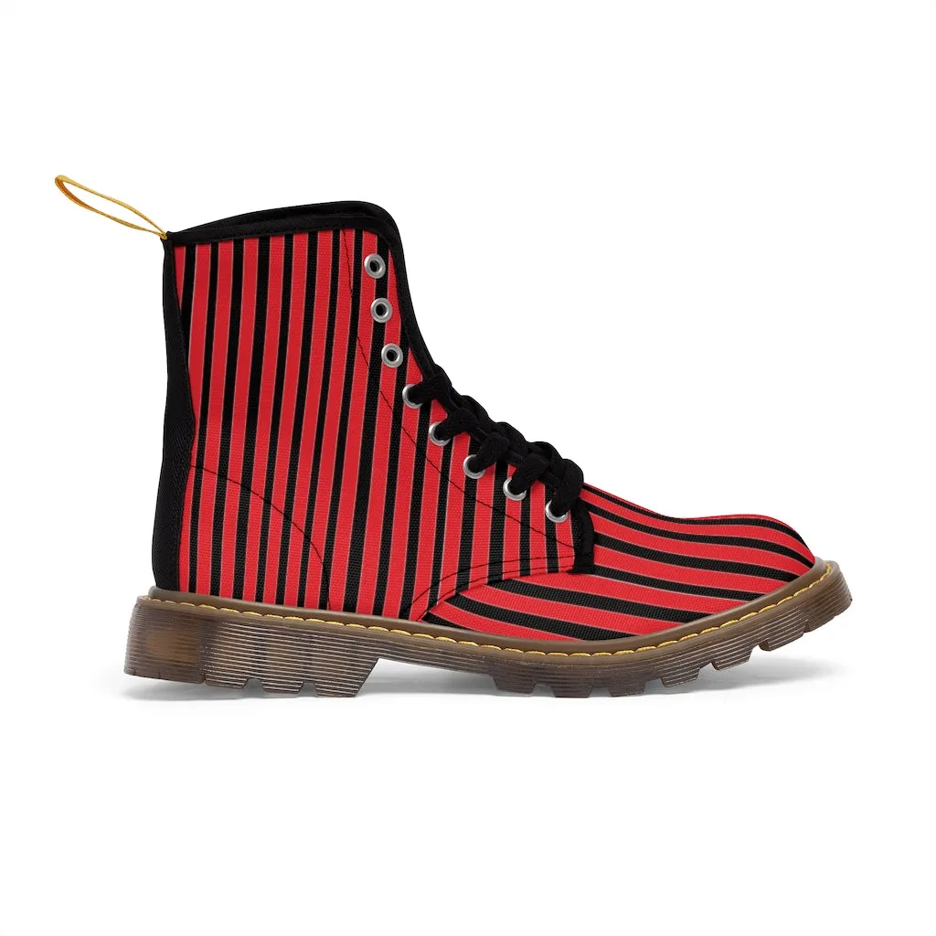 Red Striped Print Men's Boots, Black Stripes Best Hiking Winter Boots Laced Up Shoes For Men