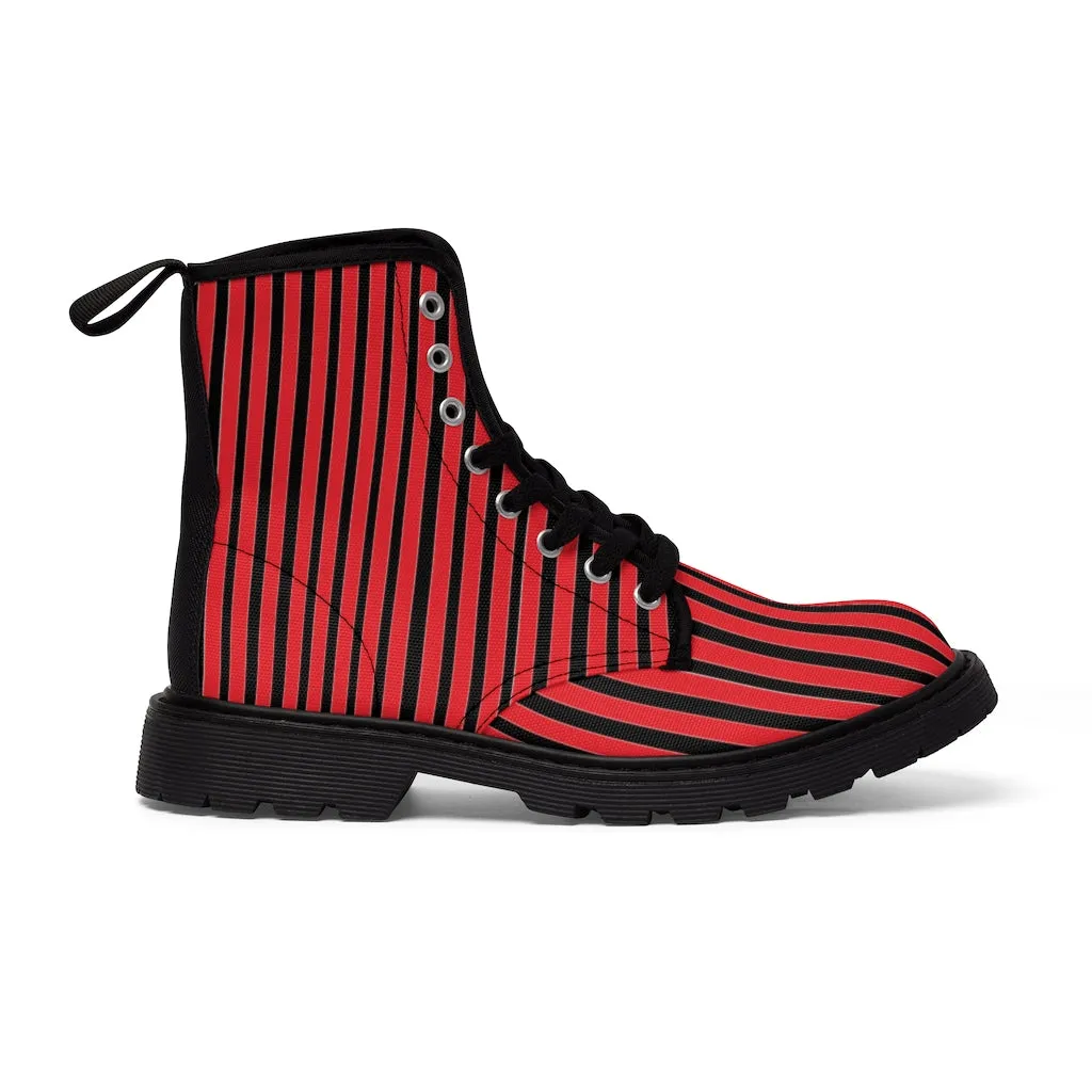 Red Striped Print Men's Boots, Black Stripes Best Hiking Winter Boots Laced Up Shoes For Men