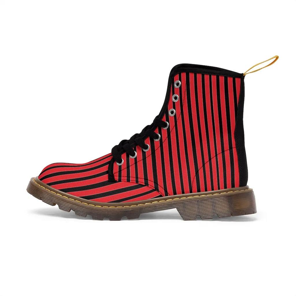 Red Striped Print Men's Boots, Black Stripes Best Hiking Winter Boots Laced Up Shoes For Men