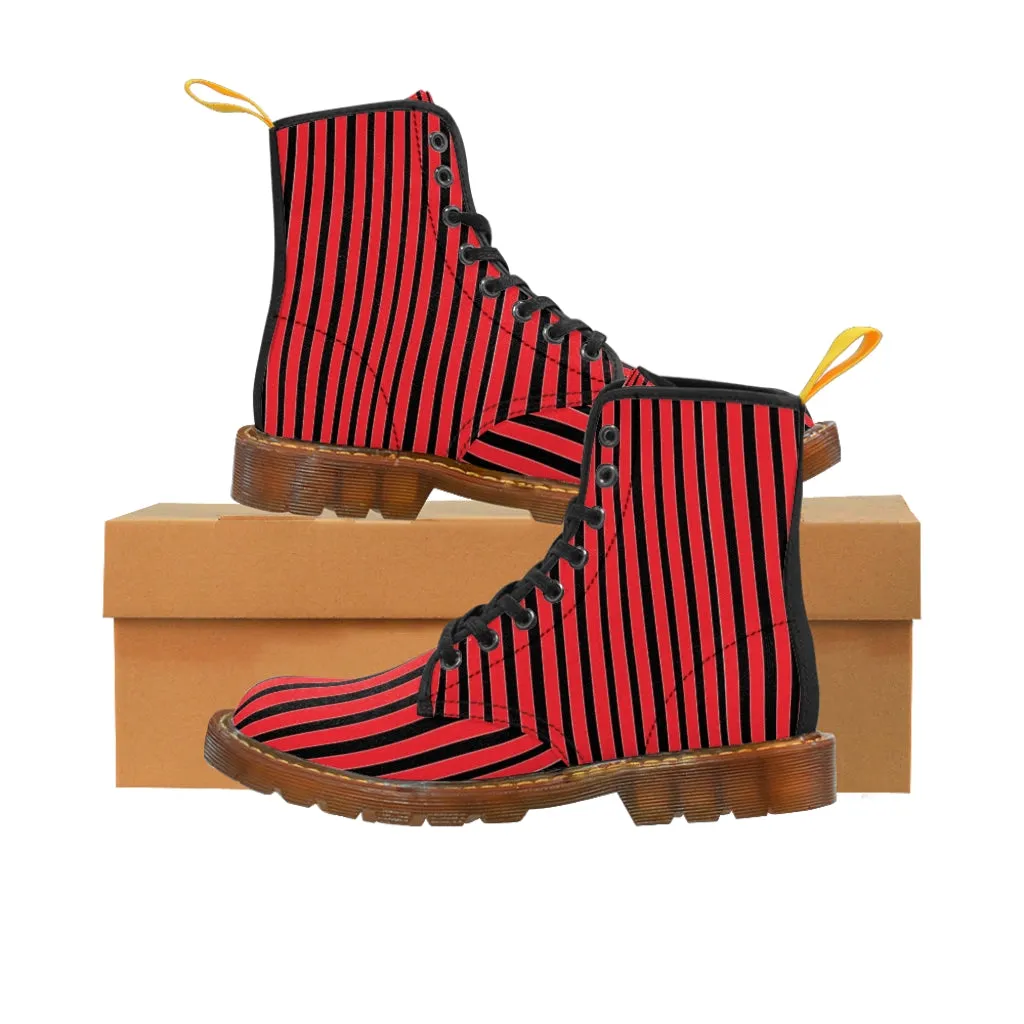 Red Striped Print Men's Boots, Black Stripes Best Hiking Winter Boots Laced Up Shoes For Men