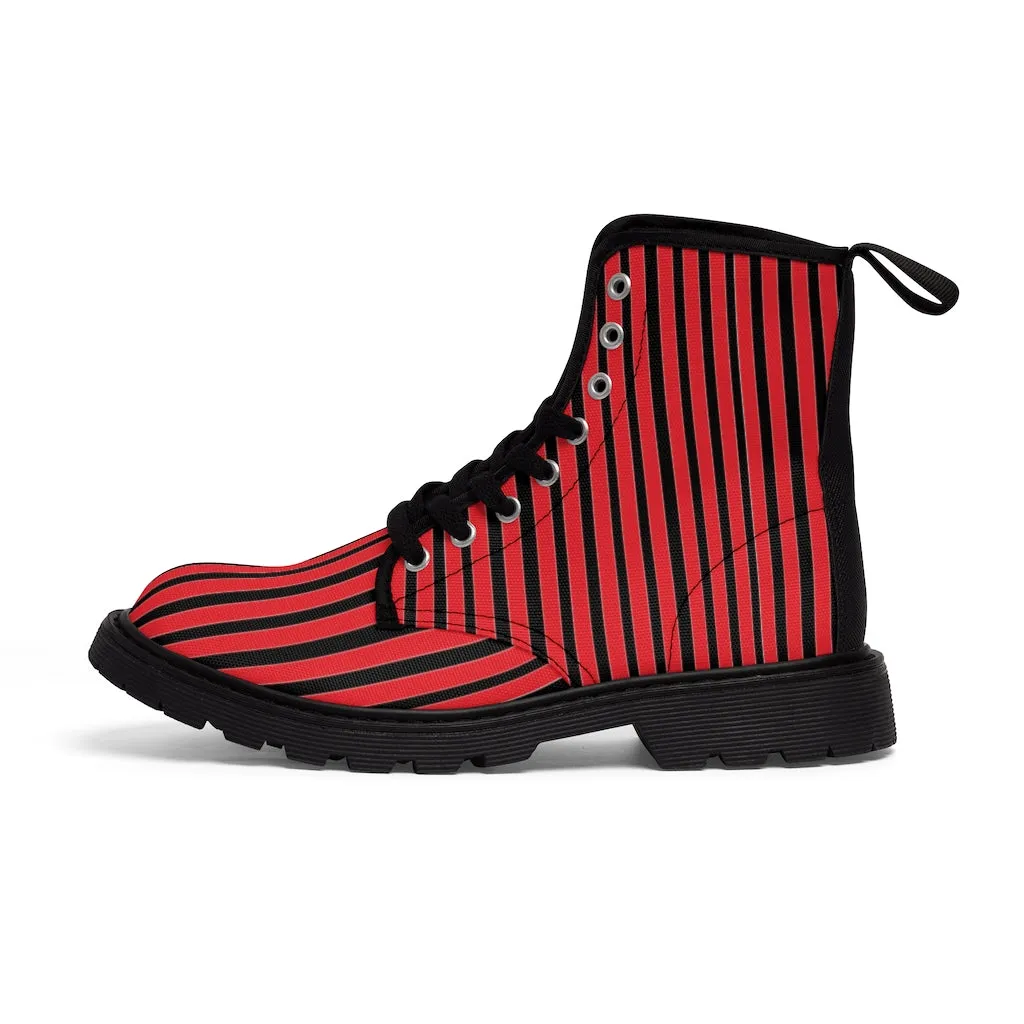 Red Striped Print Men's Boots, Black Stripes Best Hiking Winter Boots Laced Up Shoes For Men