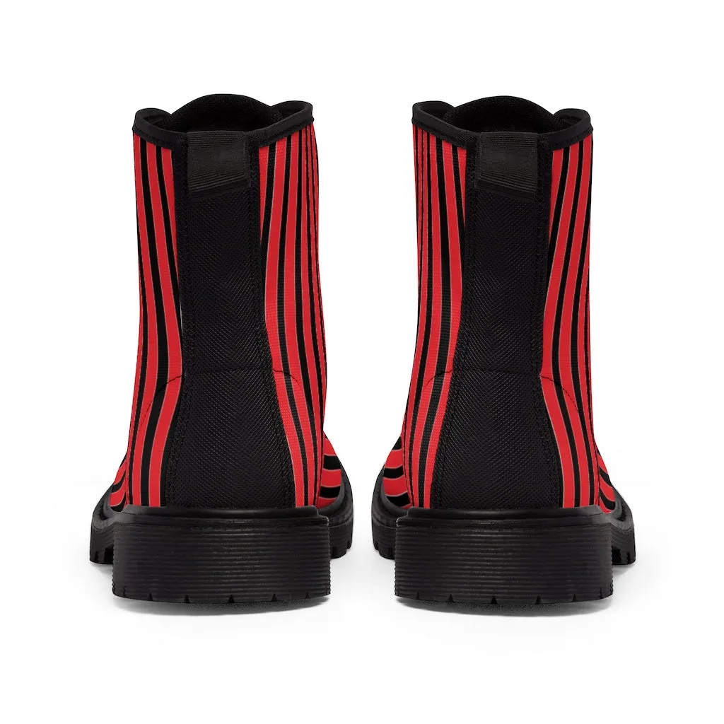 Red Striped Print Men's Boots, Black Stripes Best Hiking Winter Boots Laced Up Shoes For Men