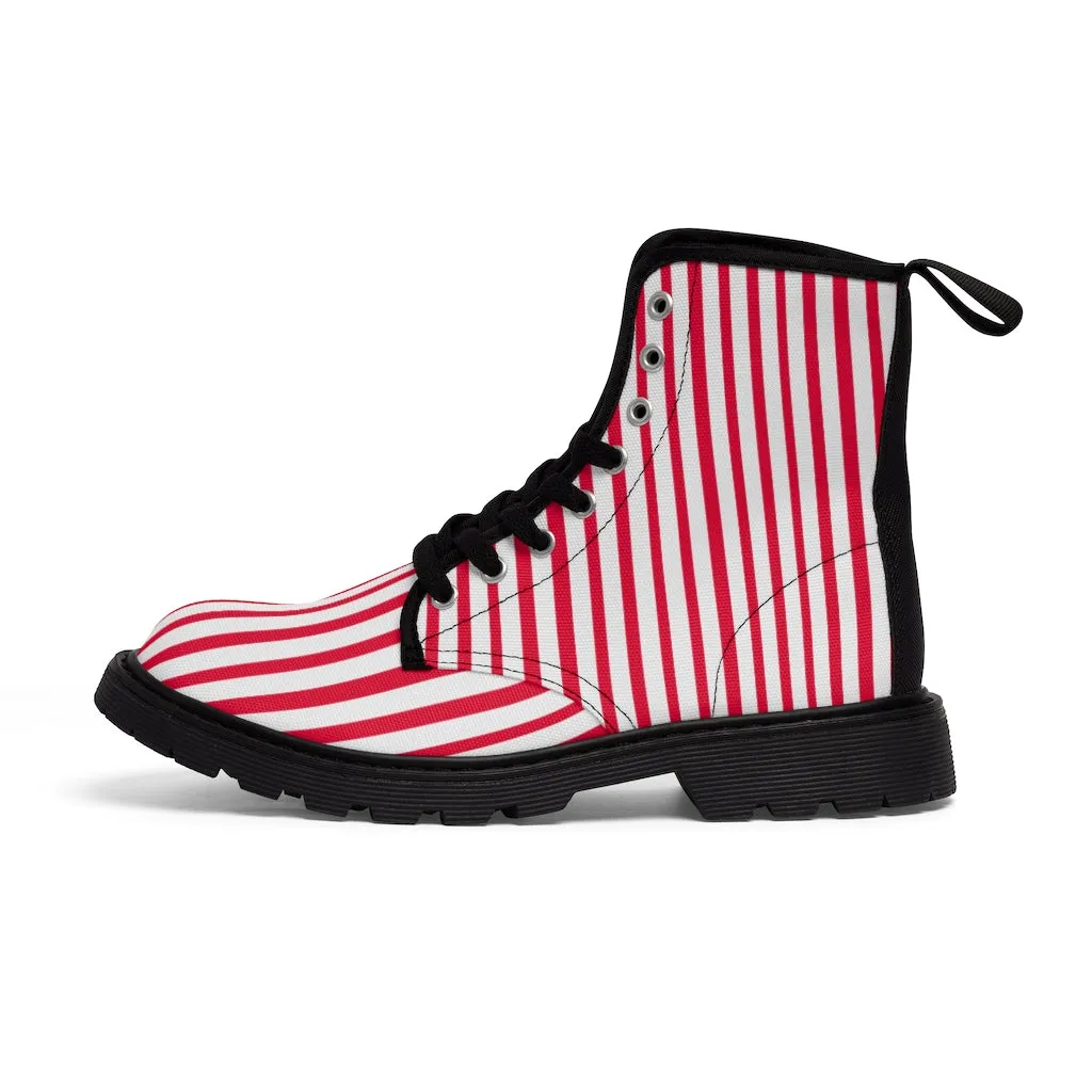 Red Striped Print Men's Boots, White Red Stripes Best Hiking Winter Boots Laced Up Shoes For Men