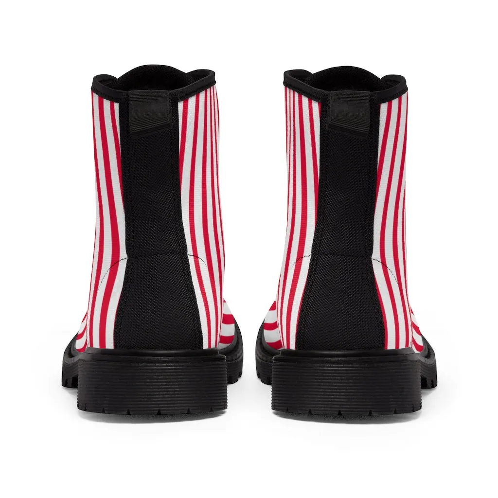 Red Striped Print Men's Boots, White Red Stripes Best Hiking Winter Boots Laced Up Shoes For Men