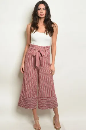 Red Striped Wide Leg Capri Pants