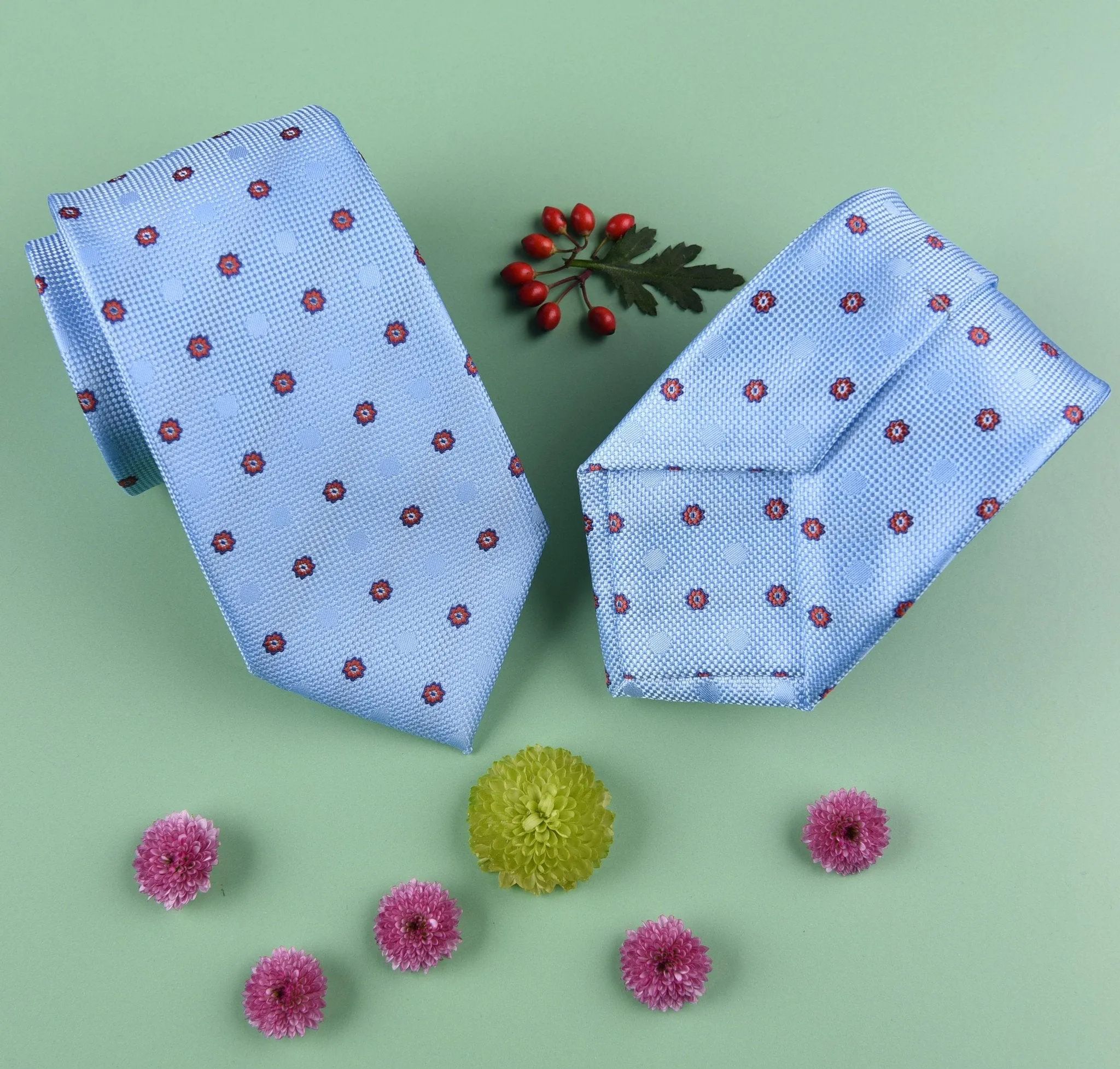 Red Sunflower Floral Light Blue Fade Polka Dots Skinny Tie 3"