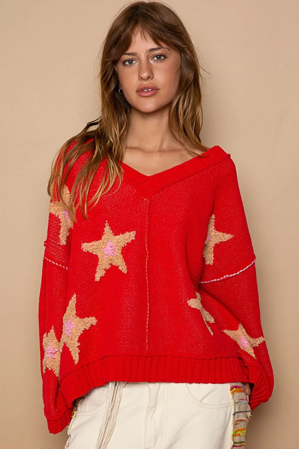 Red Sweater Stars Long Sleeve Star Patch Sweater KESLEY