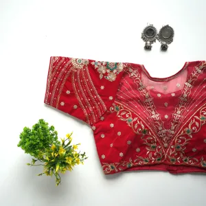 Red Taffeta Silk Blouse with Golden Embroidery and Sequin Touch