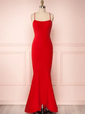 Red Thin Straps Mermaid Backless Long Prom Dresses, Red Mermaid Formal Dresses, Red Evening Dresses