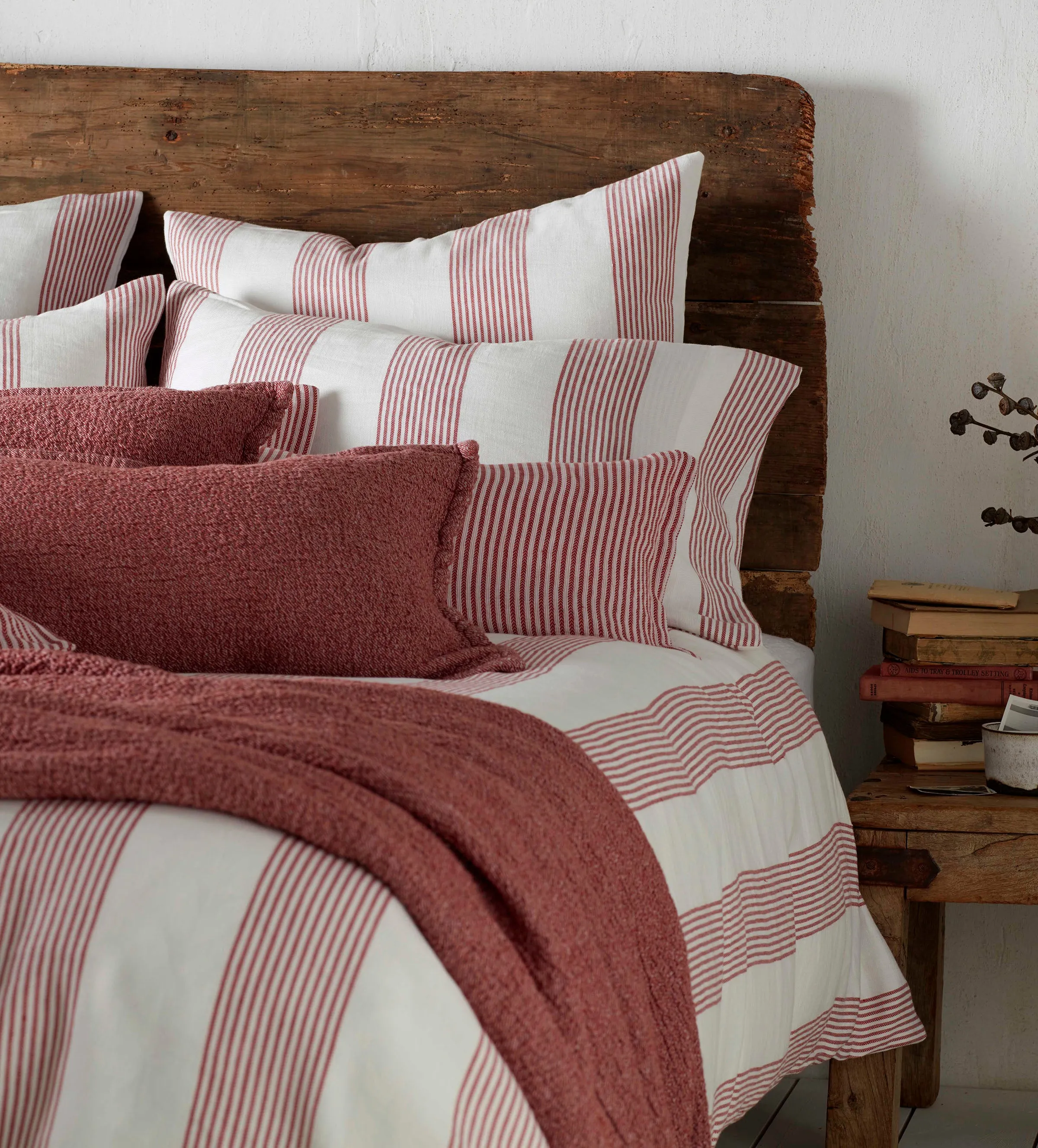 Red Ticking Stripe Cotton Linen Bed Linen