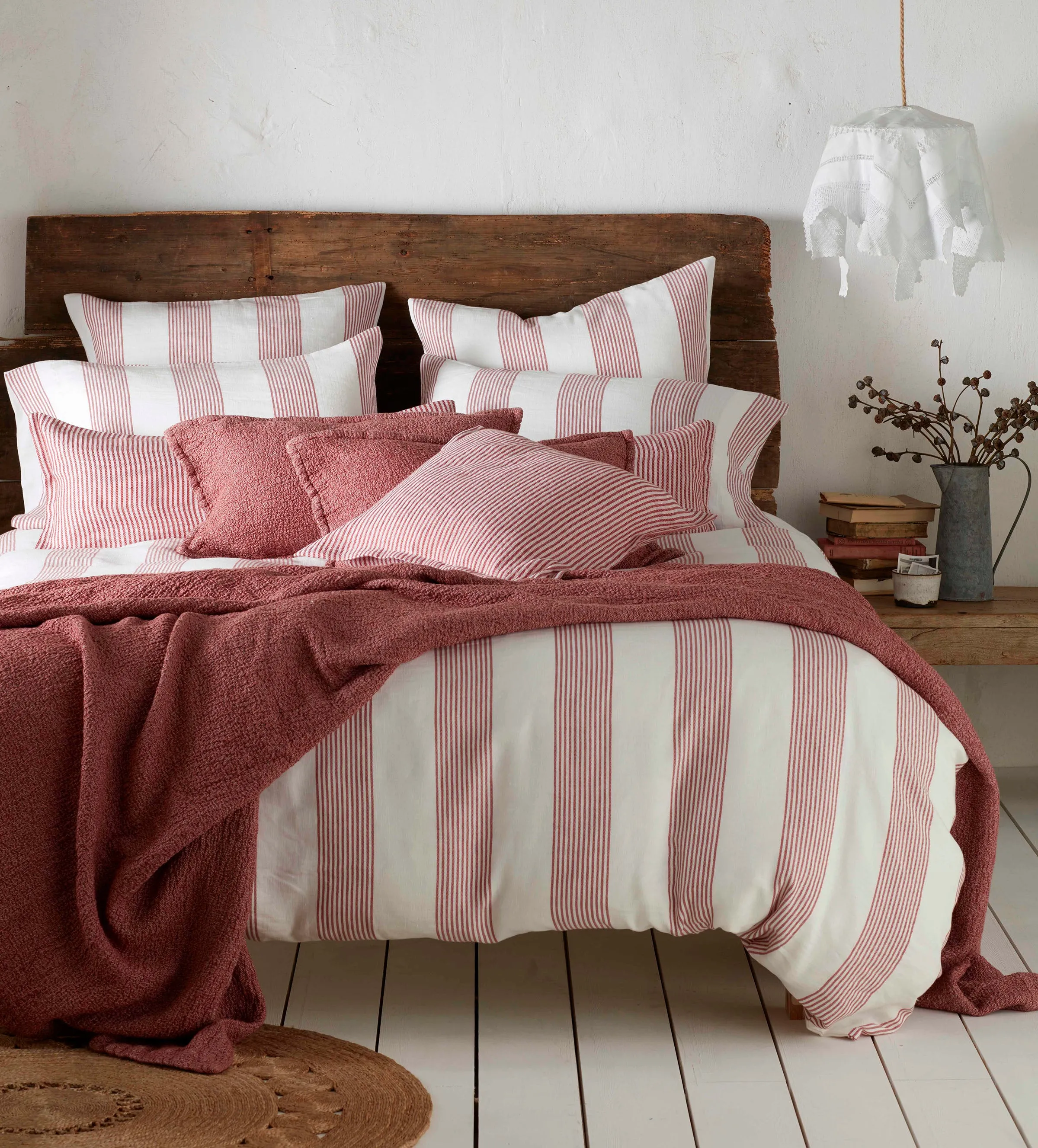 Red Ticking Stripe Cotton Linen Bed Linen