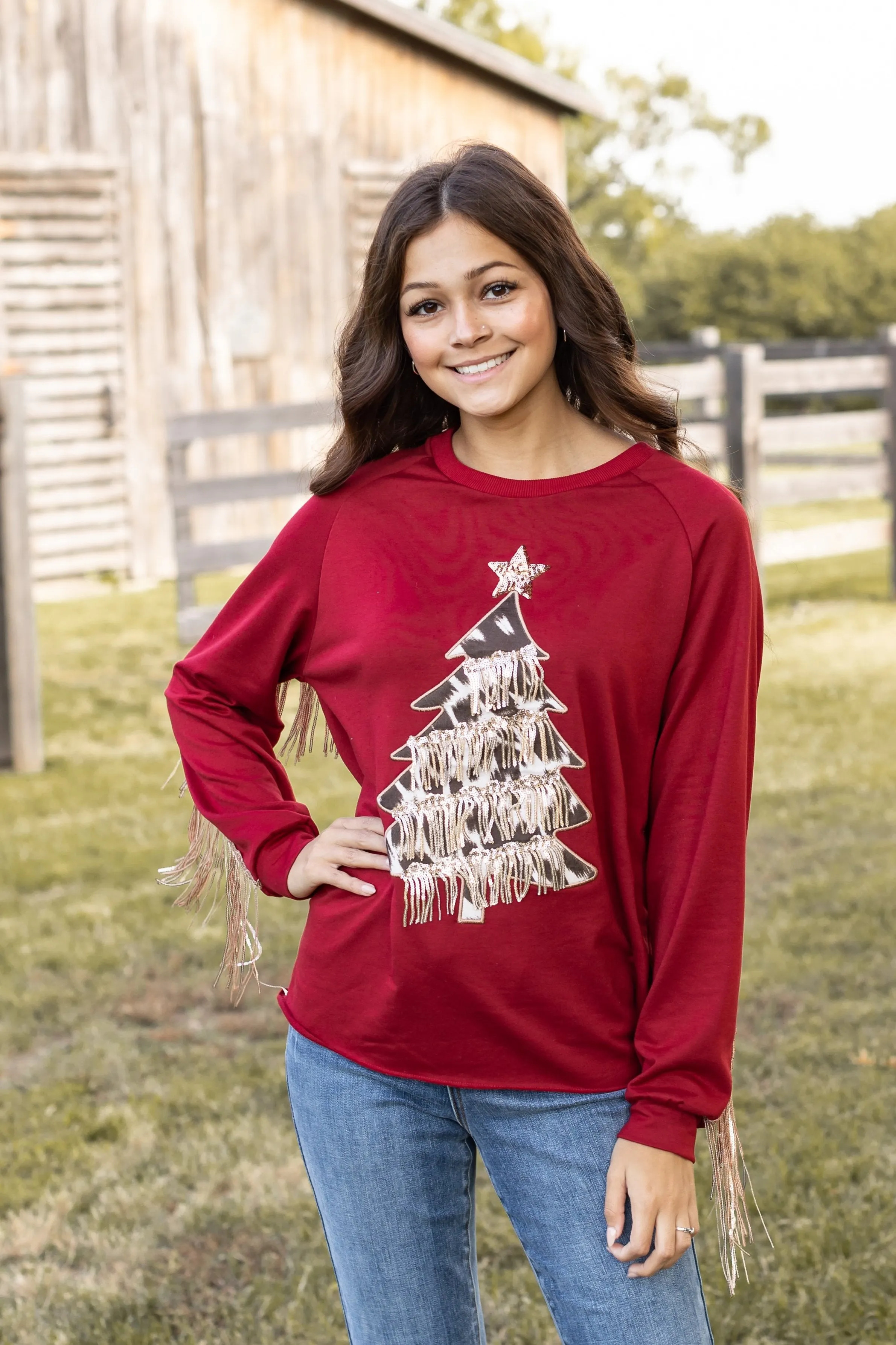 Red Top With Cowhide Tree and Sequin Fringe