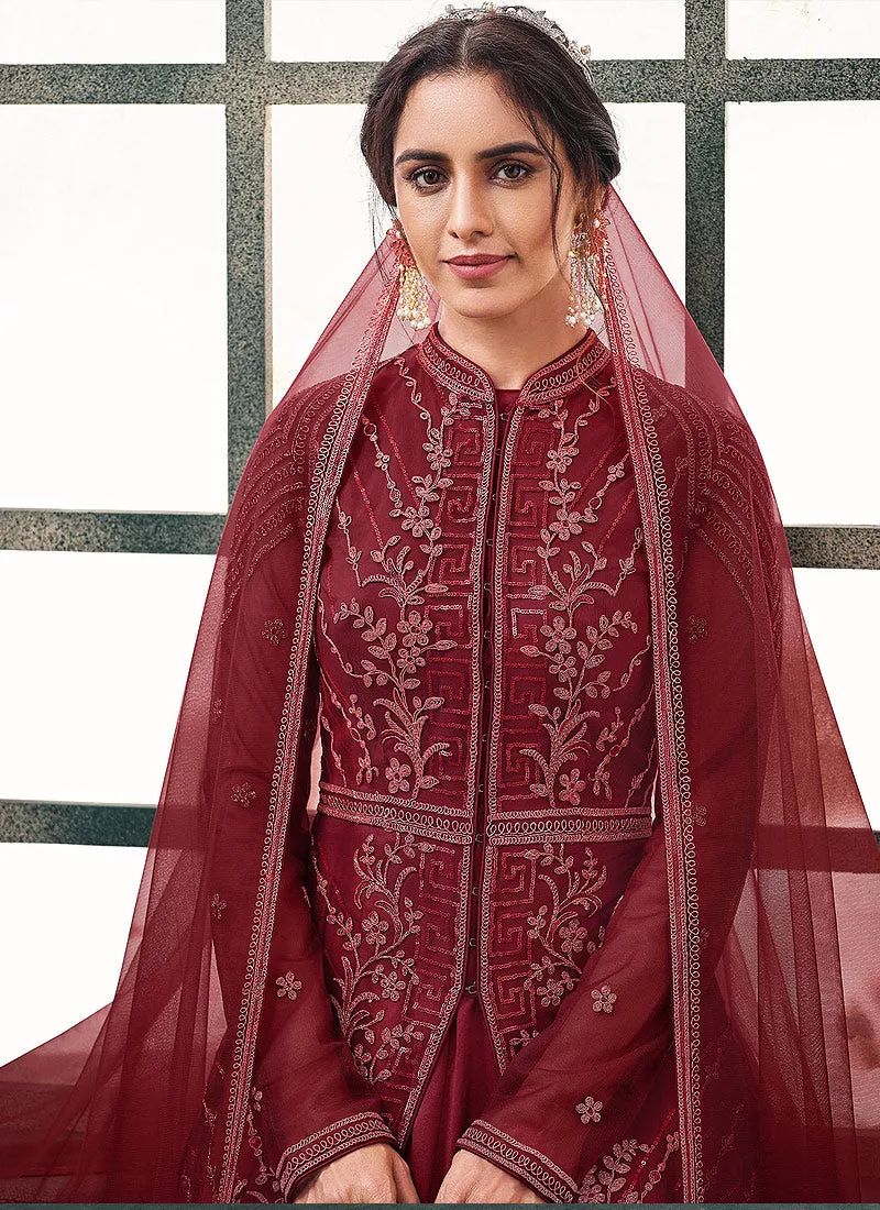 Red Traditional Embroidered Layered Indian Anarkali Suit