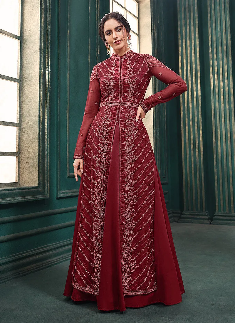 Red Traditional Embroidered Layered Indian Anarkali Suit