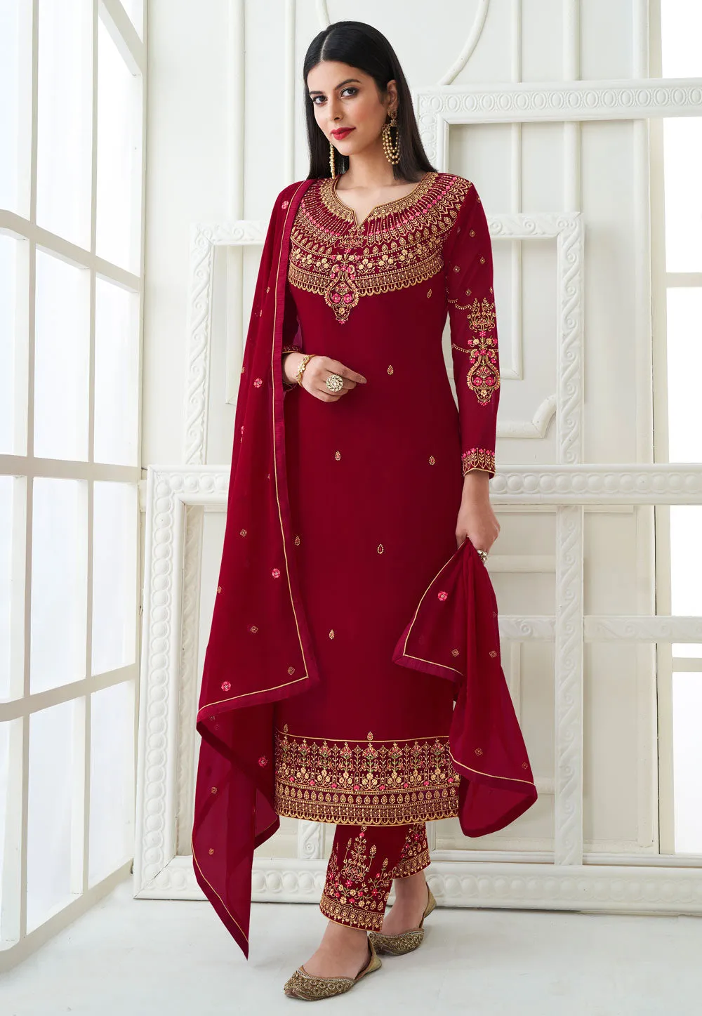 Red Traditional Embroidered Pant Style Suit