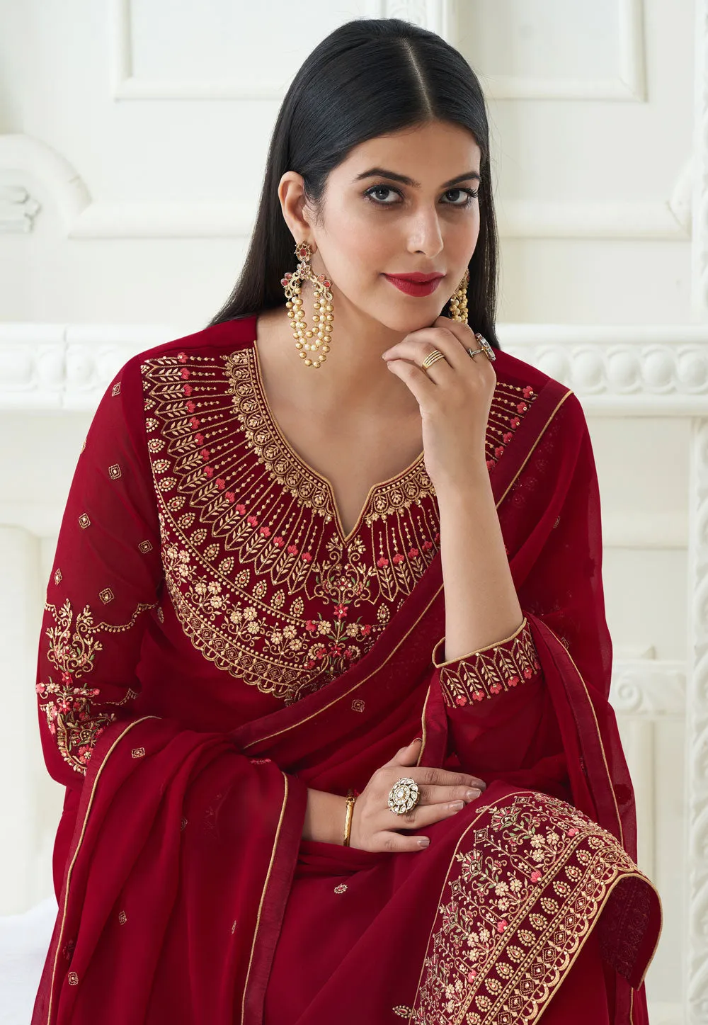 Red Traditional Embroidered Pant Style Suit