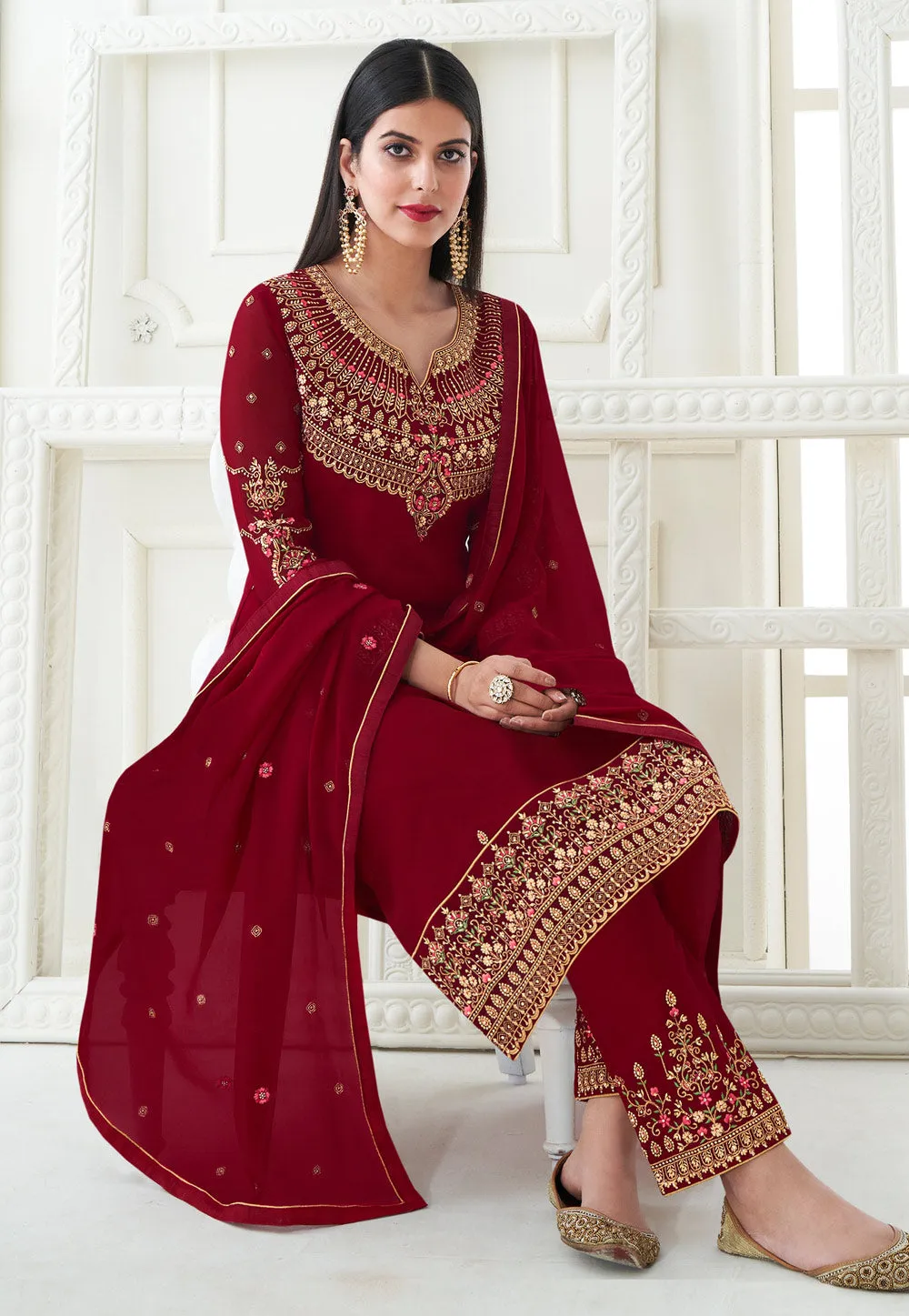 Red Traditional Embroidered Pant Style Suit