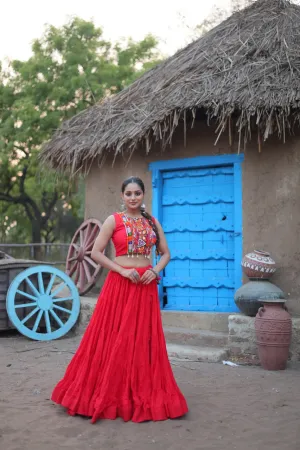 Red Traditional Reyon Lehenga Set with Embroidered Blouse and Koti