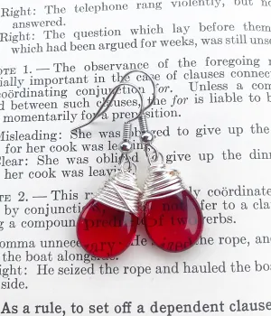 Red transparent teardrop Czech glass and silver wire wrapped, sterling silver earrings.