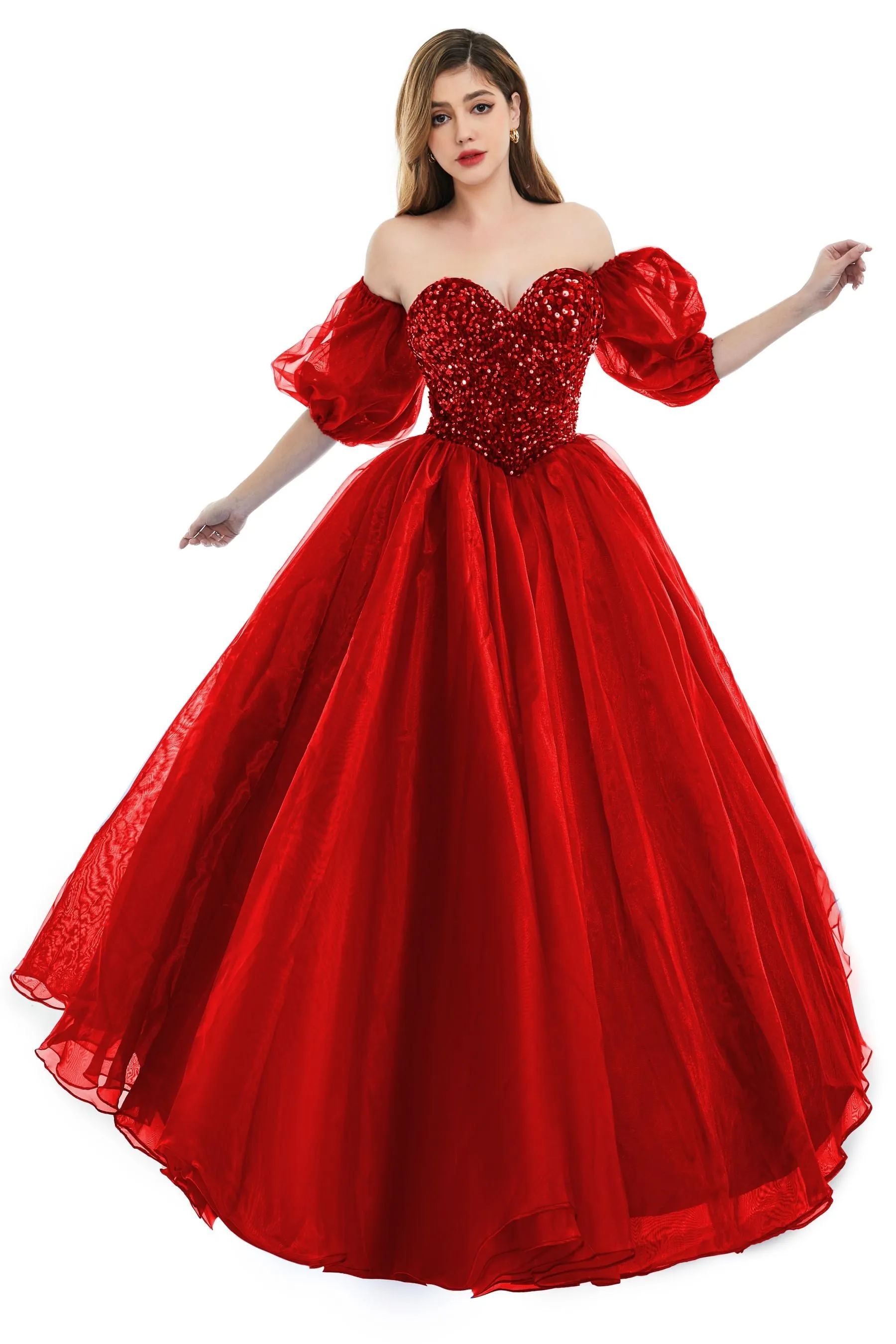 Red Tulle Sequins Sweetheart Prom Dresses Spaghetti Straps Evening Quinceanera Dresses