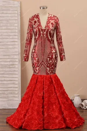 Red Unique Sequin 3D Rose Dramatic Trumpet Plus Size Prom Gown