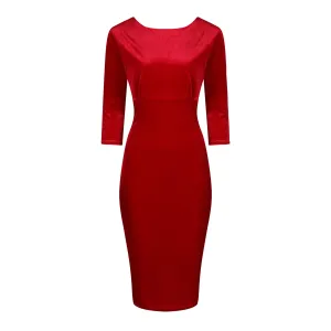 Red Velour Boatneck 3/4 Sleeve Bodycon Gathered Waist Wiggle Dress