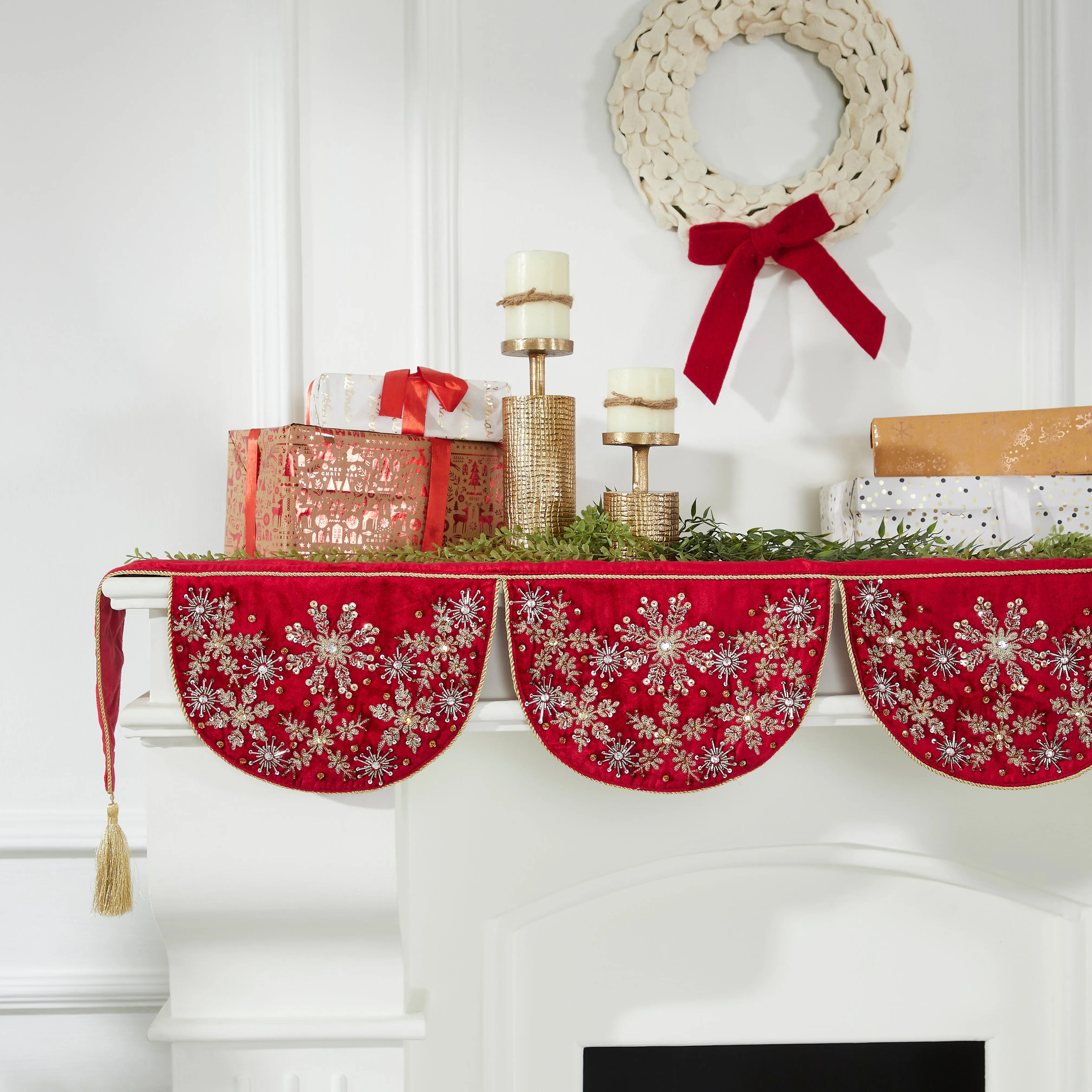 Red Velvet Mantel Scarf with Hand Beading and Crewel Embroidery - 72"