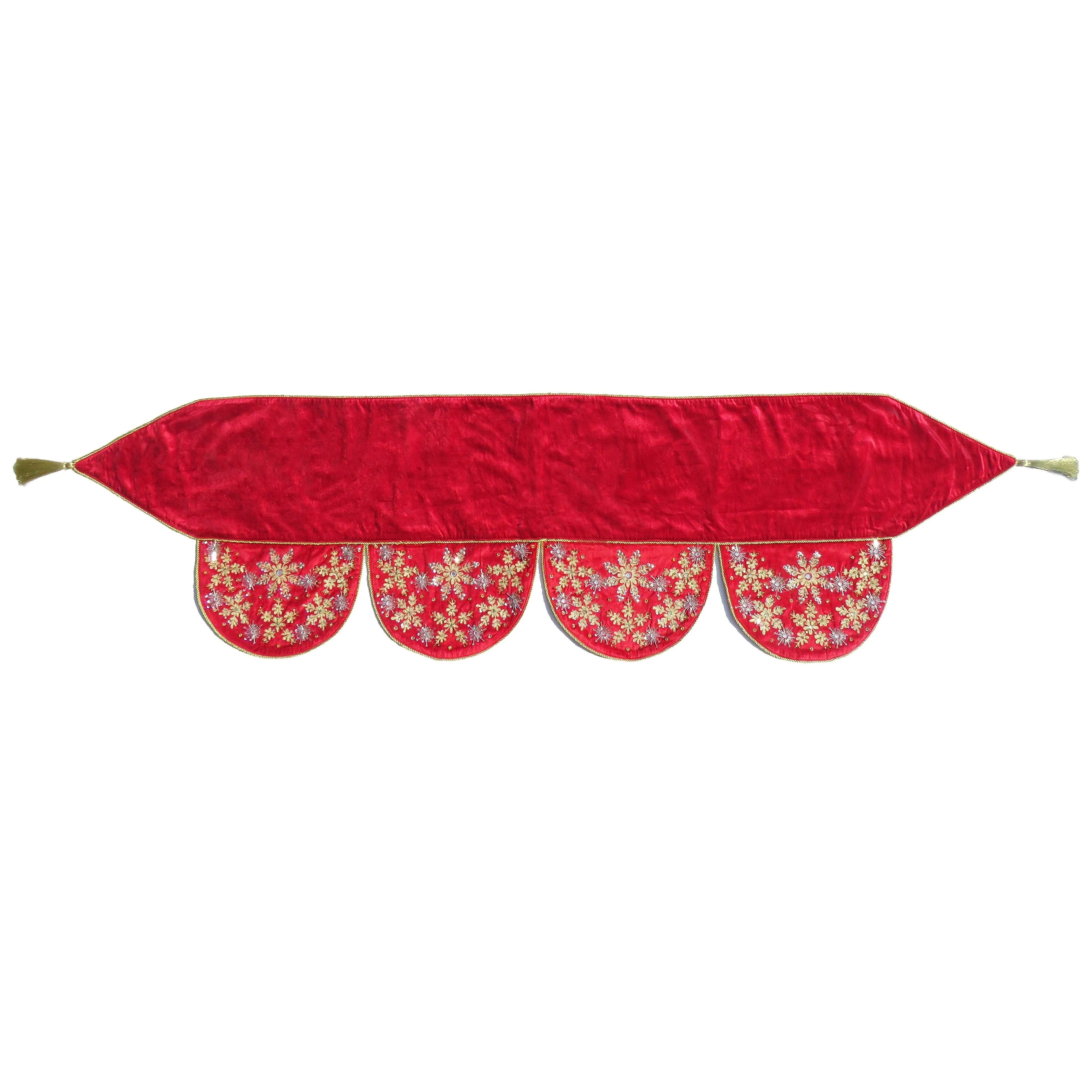 Red Velvet Mantel Scarf with Hand Beading and Crewel Embroidery - 72"