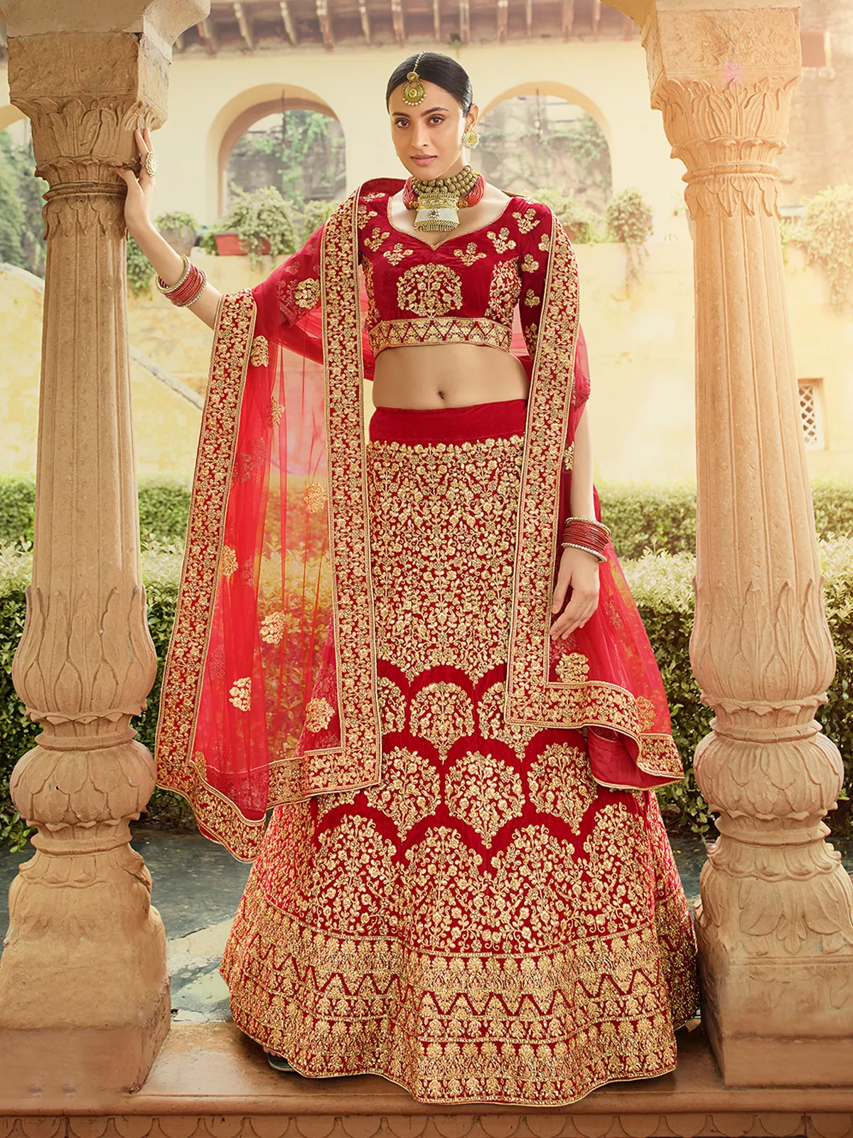 Red Velvet Semi Stitched Lehenga With Unstitched Blouse