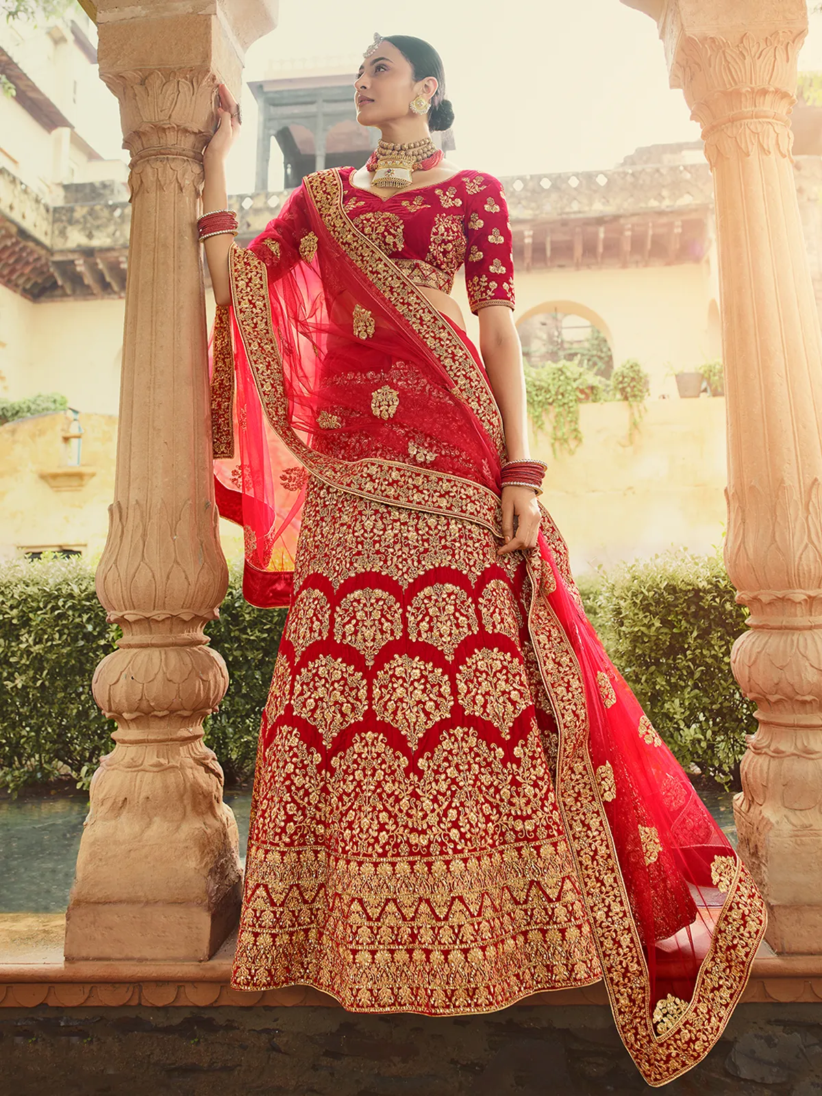 Red Velvet Semi Stitched Lehenga With Unstitched Blouse