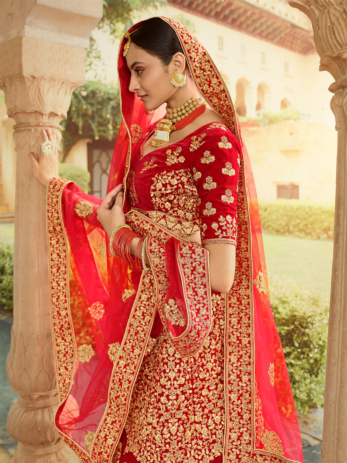 Red Velvet Semi Stitched Lehenga With Unstitched Blouse