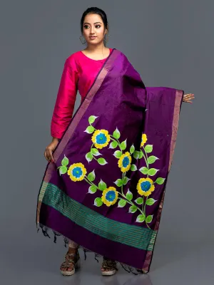 Red Violet Hand Painted Bishnupuri Katan Silk Dupatta