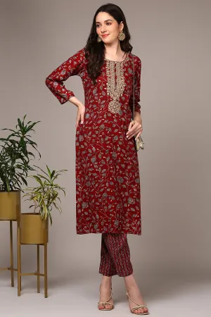 Red Viscose Rayon Embroidered Straight Kurta